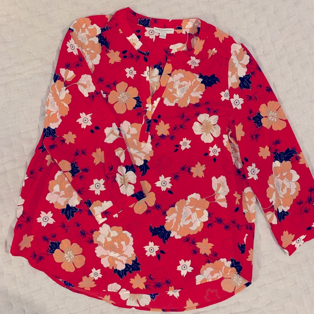Floral blouse with split neck and cropped sleeves, womens L
